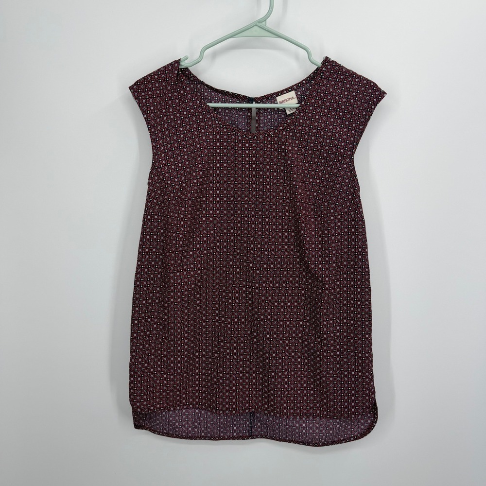 Merona Blouse Women Small Maroon Geometric Cap Sleeve Keyhole Back